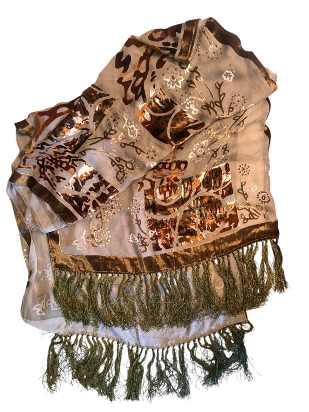 Velvet Burnout Scarf With Fringe -Brown Green Taupe Rust Cream -80" X 20" boho